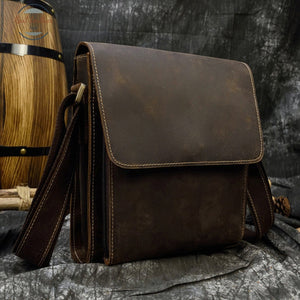 Mens Crazy Horse Leather Messenger Bag Dark Brown