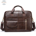 Mens Genuine Leather Business Style Briefcase Dark Coffee