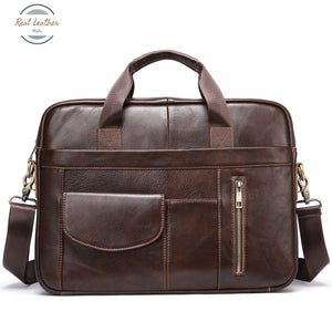 Mens Genuine Leather Business Style Briefcase Dark Coffee