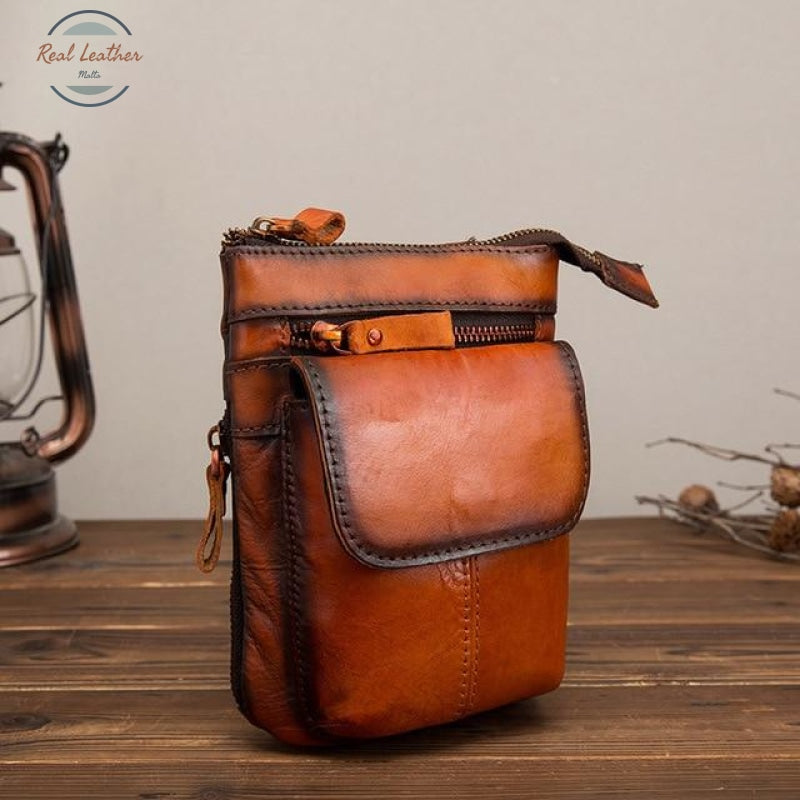 Mens Leather Pouch / Cross Body Orange 2 Bags