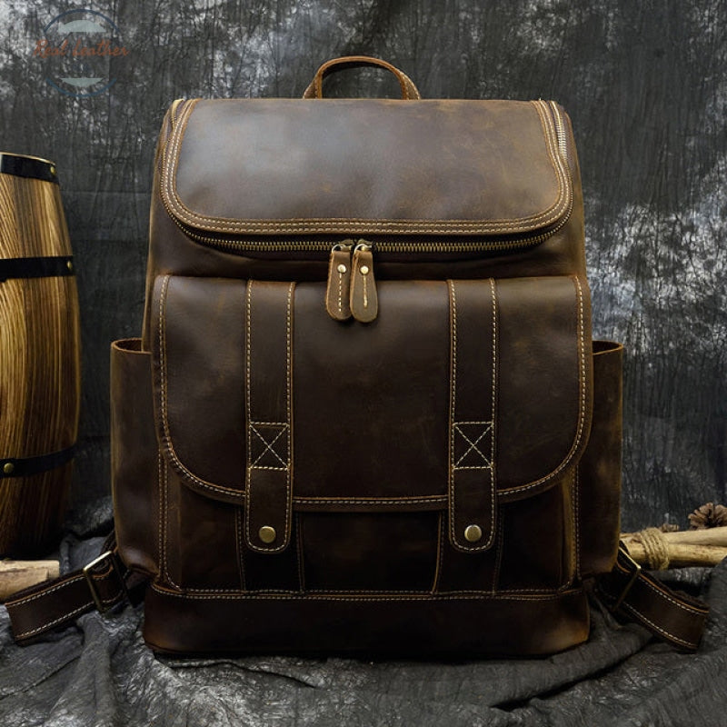 Mens Retro Style Leather Backpack Dark Brown Backpacks