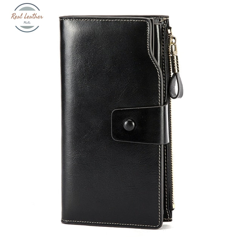 Oil Wax Leather Organizer Long Wallet Black Wallets & Money Clips