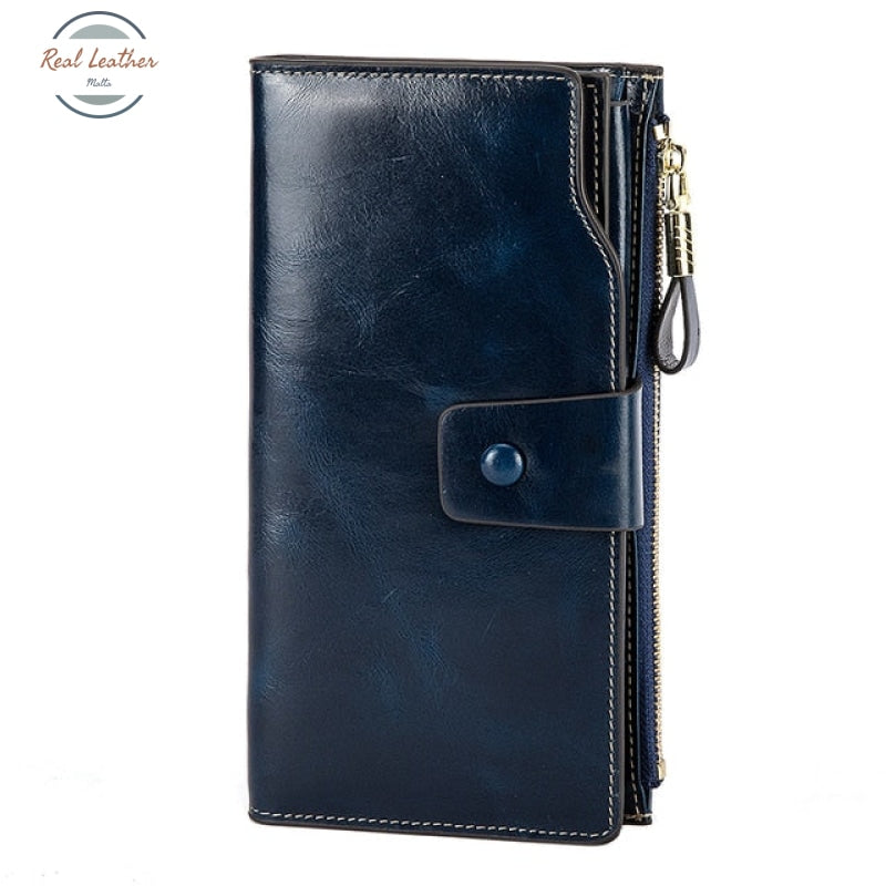 Oil Wax Leather Organizer Long Wallet Blue Wallets & Money Clips