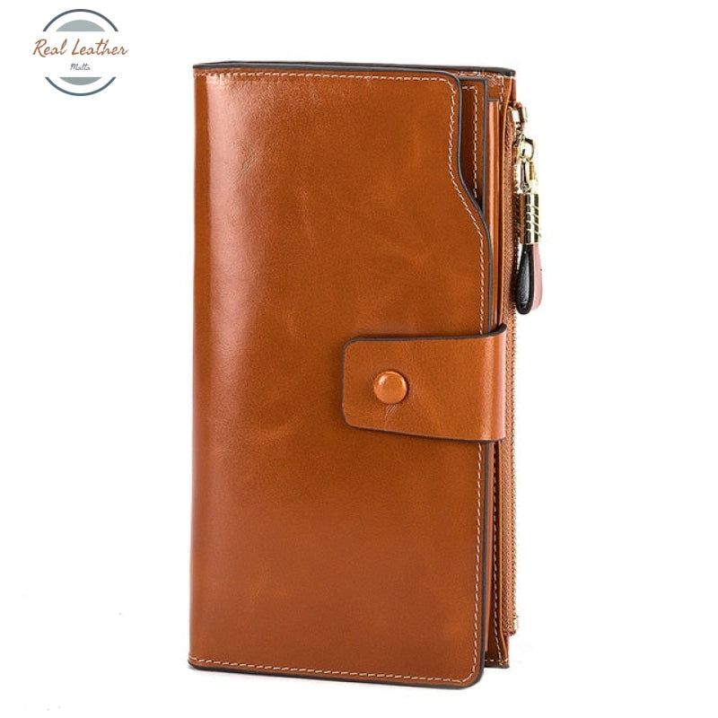 Oil Wax Leather Organizer Long Wallet Light Brown Wallets & Money Clips