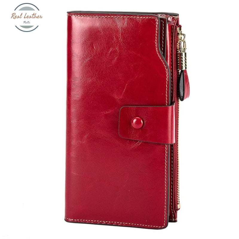 Oil Wax Leather Organizer Long Wallet Red Wallets & Money Clips