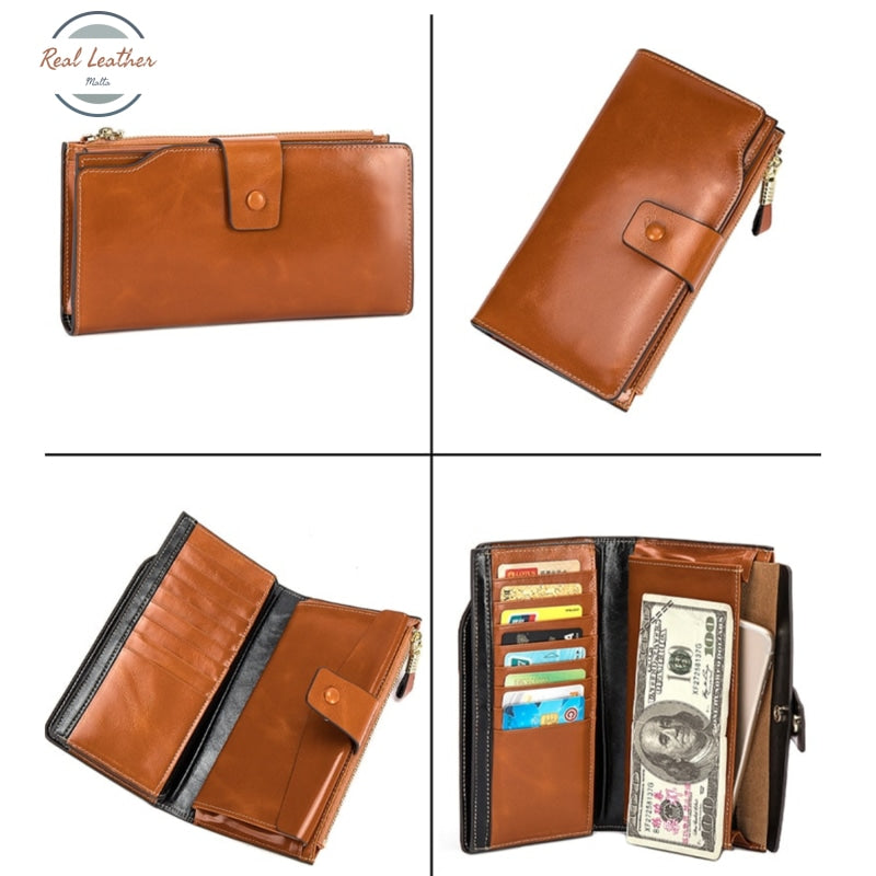 Oil Wax Leather Organizer Long Wallet Wallets & Money Clips