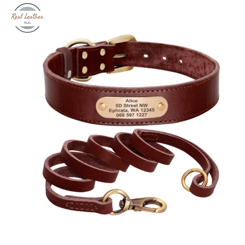 Personalized Leather Dog Collar Leash Set Xs / Brown Leash Set