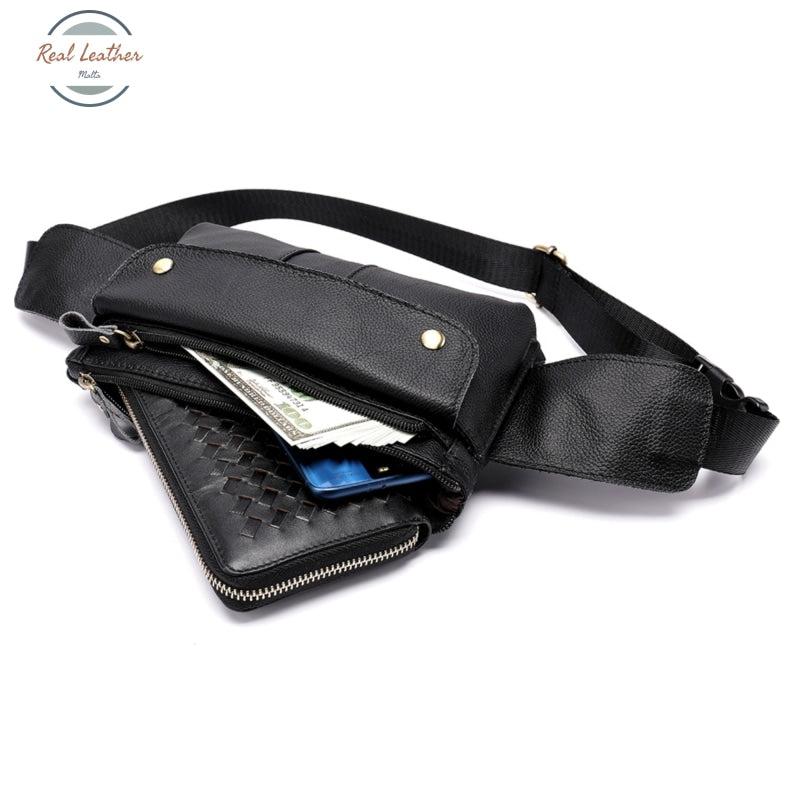 Real Leather Mens Black Casual Waist Pack