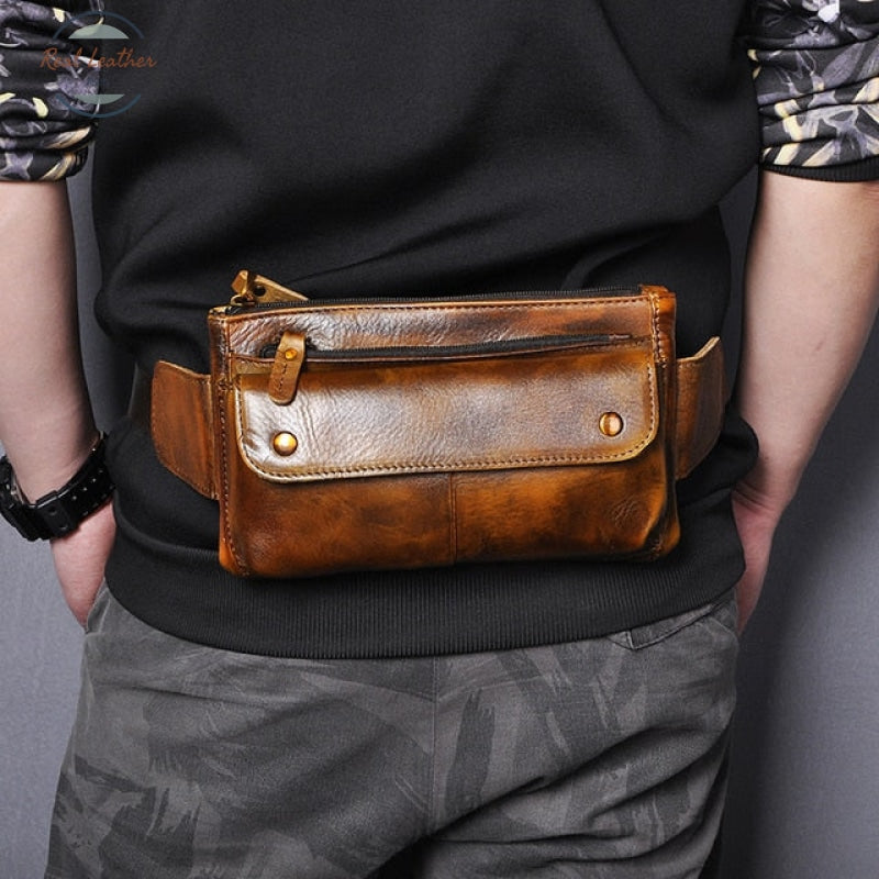 Real Leather Mens Casual Waist Pack Brown