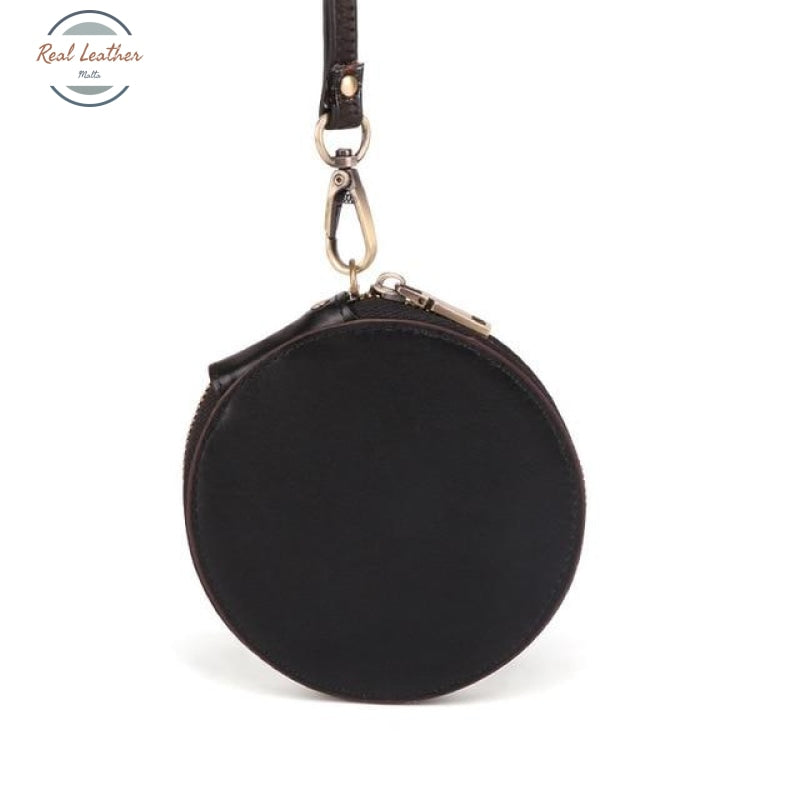 Round Genuine Leather Coin Purse - Unisex Black