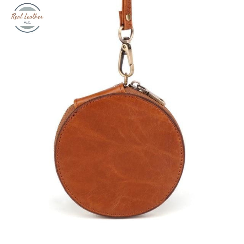 Round Genuine Leather Coin Purse - Unisex Brown