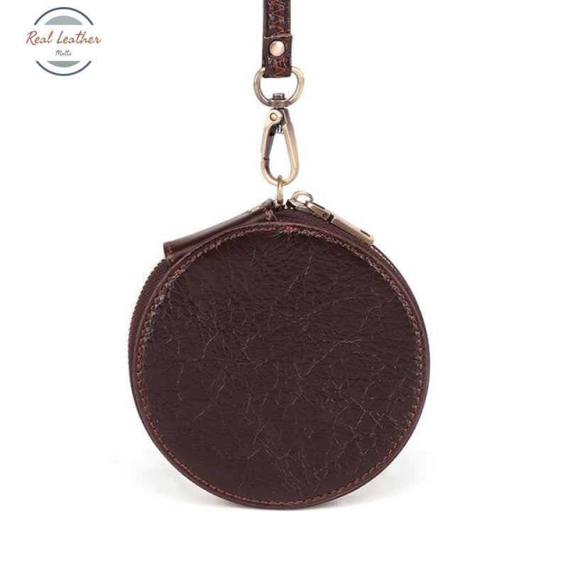 Round Genuine Leather Coin Purse - Unisex Coffee