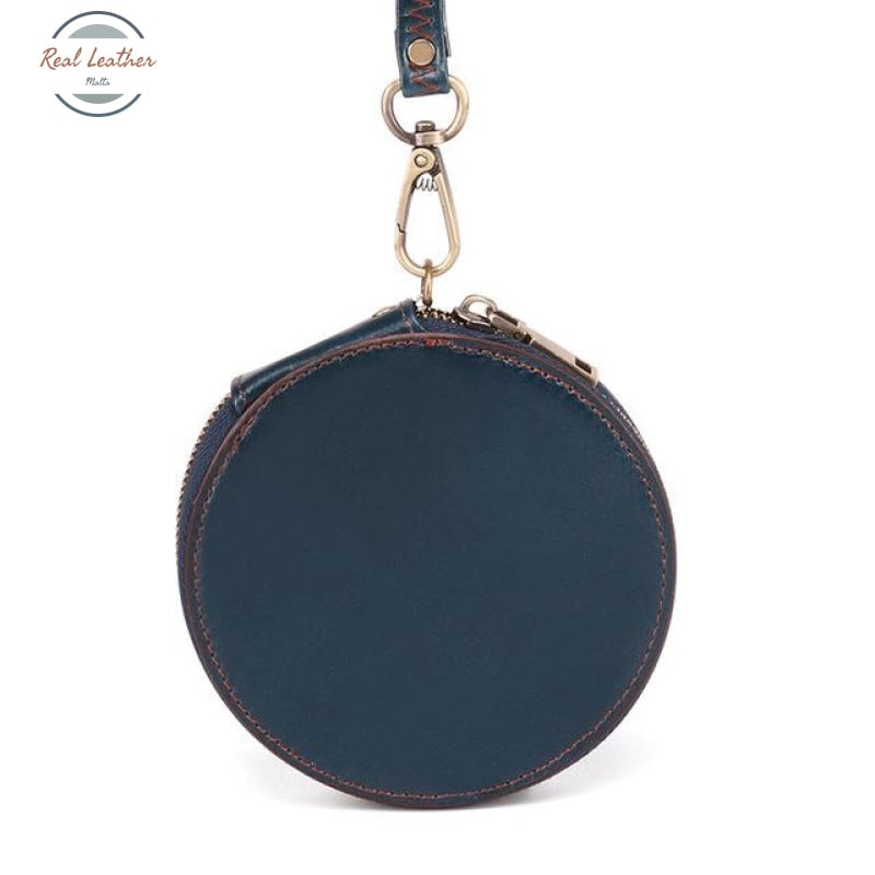Round Genuine Leather Coin Purse - Unisex Deep Blue