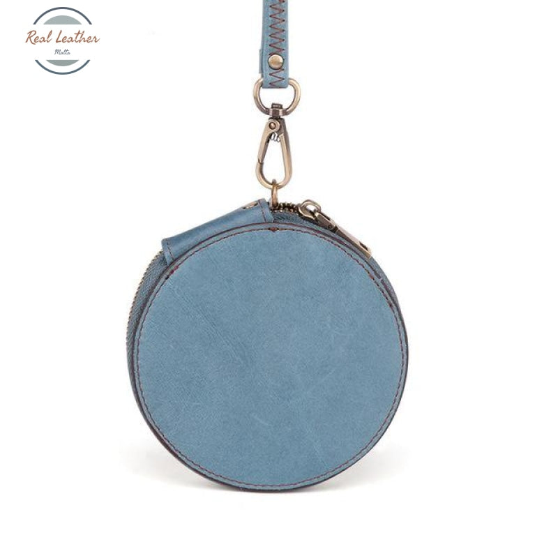 Round Genuine Leather Coin Purse - Unisex Light Blue