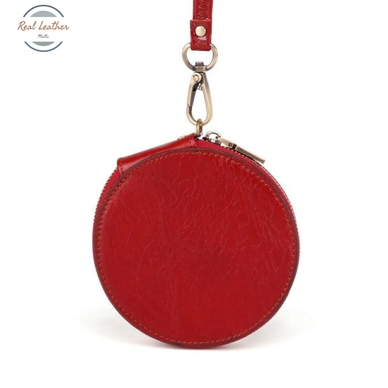 Round Genuine Leather Coin Purse - Unisex Red