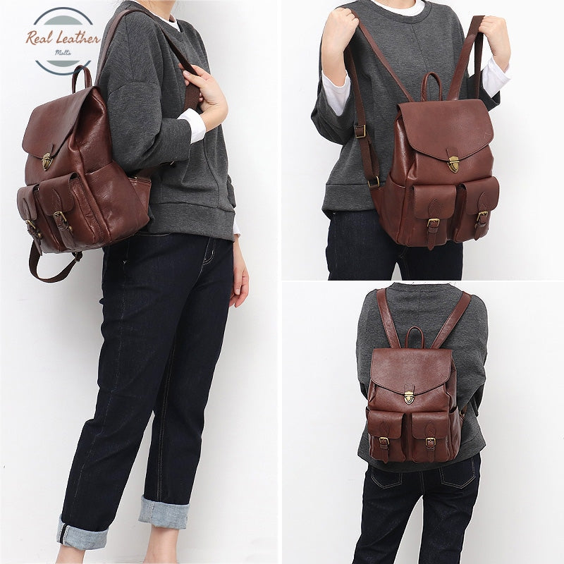 Sc Vrouwen Echt Lederen Grote Rugzakken Purse Vintage Multi Pockets School Schoudertassen Casual