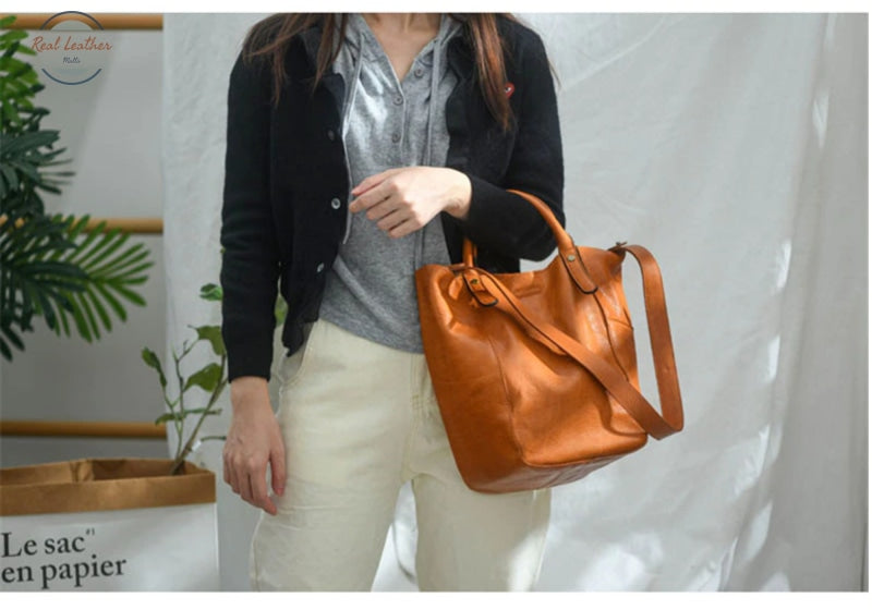 Two Way Leather Tote Bag Brown
