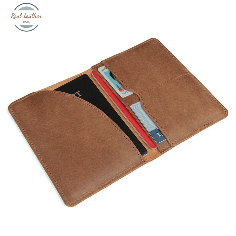 Vintage Crazy Horse Leather Passport And Card Holder Brown Cover