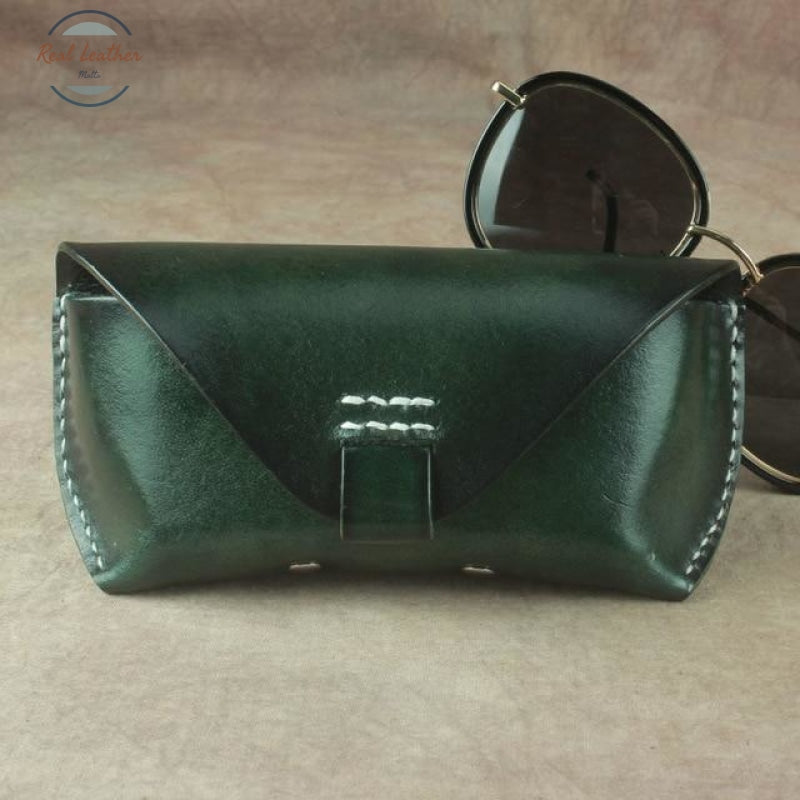 Vintage Handmade Eyeglasses Box Hard Genuine Leather Green