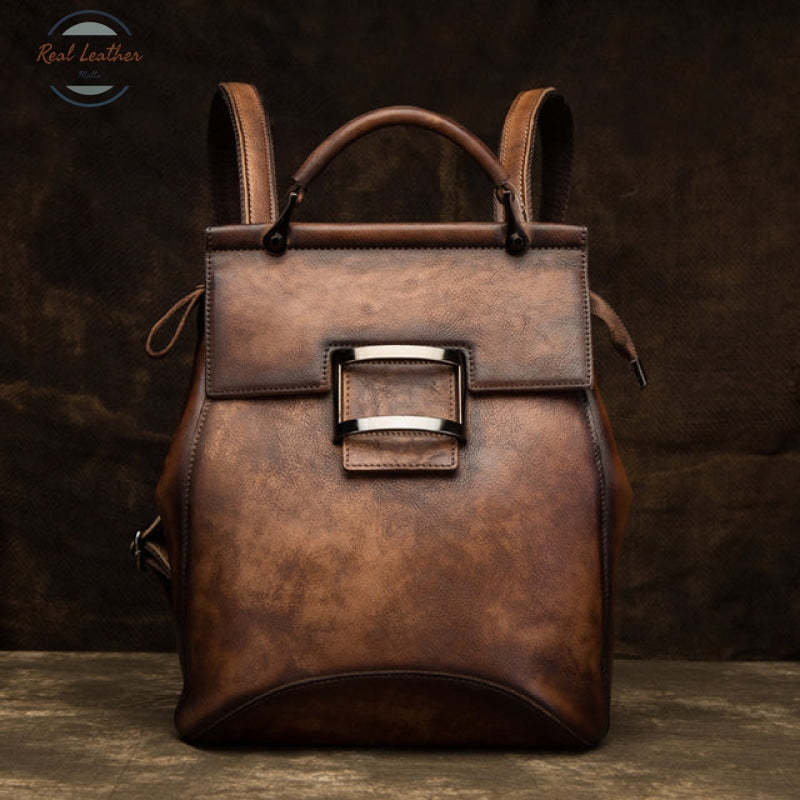 Vintage Leather Convertible Backpack For Women Coffee