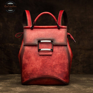 Vintage Leather Convertible Backpack For Women Red