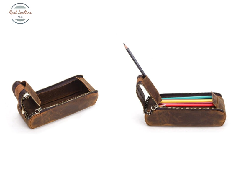 Vintage Leather Handmade Double Zipper Pencil Case Pouch