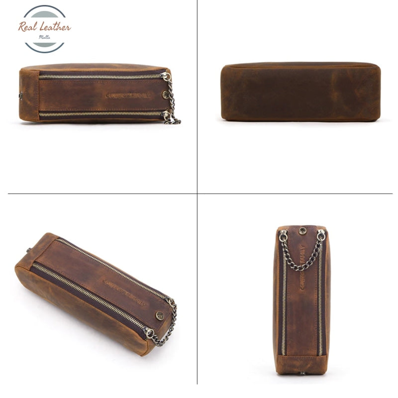 Vintage Leather Handmade Double Zipper Pencil Case Pouch