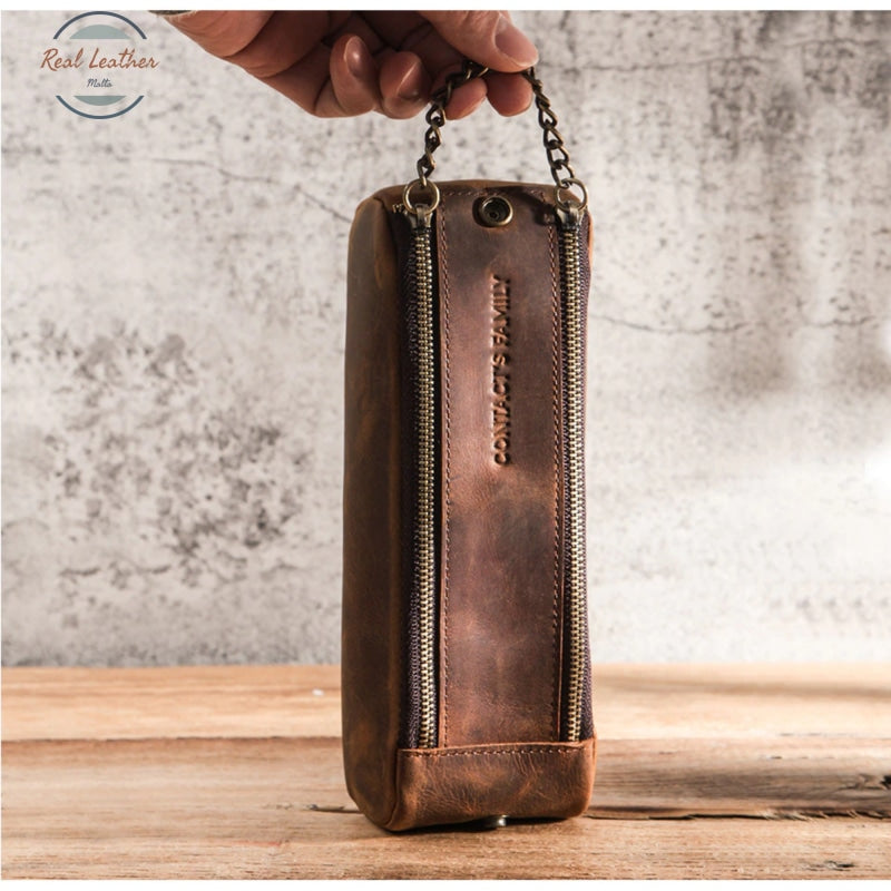 Vintage Leather Handmade Double Zipper Pencil Case Pouch