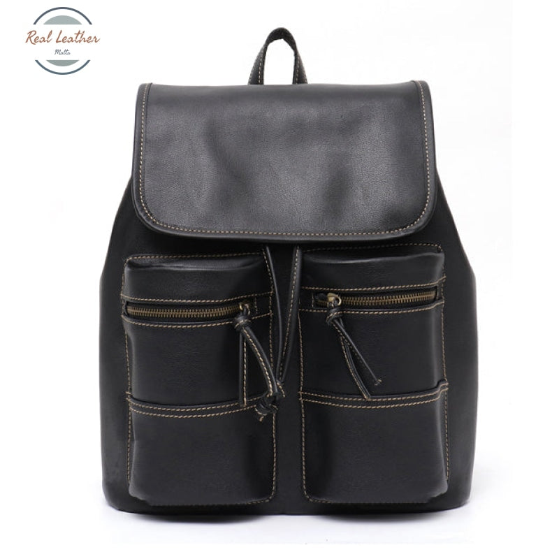 Vintage Real Leather Drawstring Backpack Black