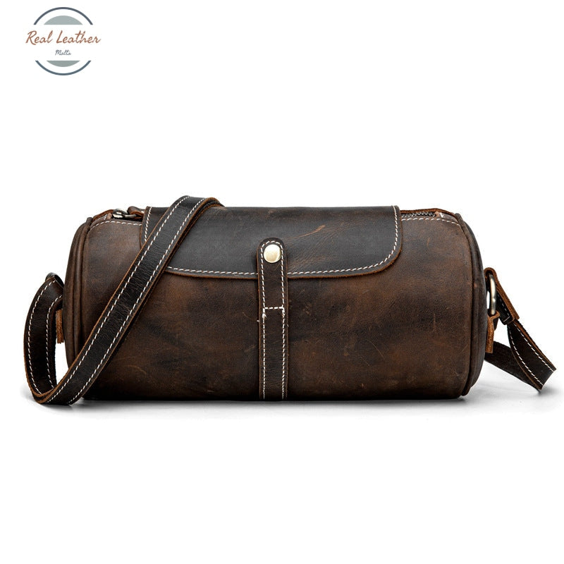 Women Vintage Leather Barrel Shoulder Bag Brown