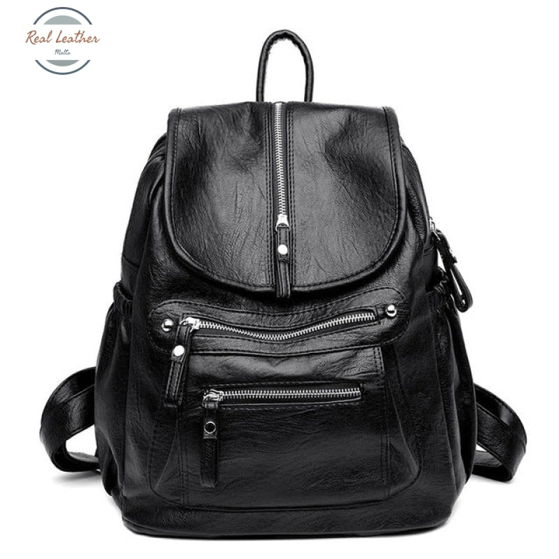 Women Vintage Leather Daypack Black